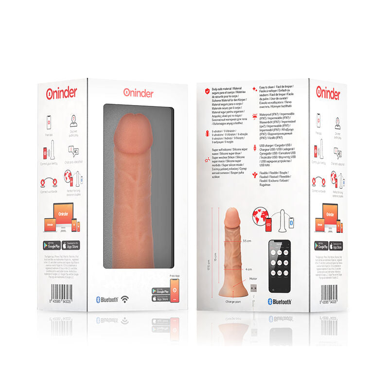 Close-up do ONINDER Vibrador Dildo Bogotá 17.5cm com controlo via app, destacando o material de silicone natural.