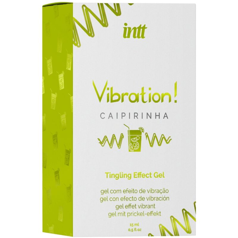 Close-up of the INTT Gel Vibrador Líquido Estimulante Íntimo Caipirinha 15 ML, showing its packaging and design.