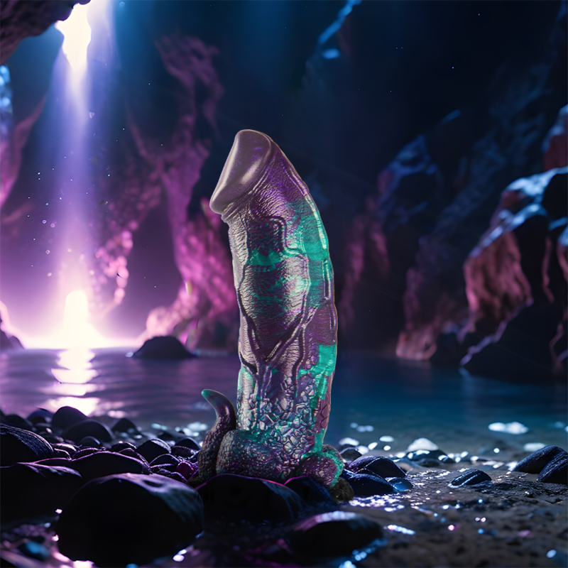 Close-up do Dildo EPIC Basilisk, mostrando seu design duplo escamoso e cor vibrante.