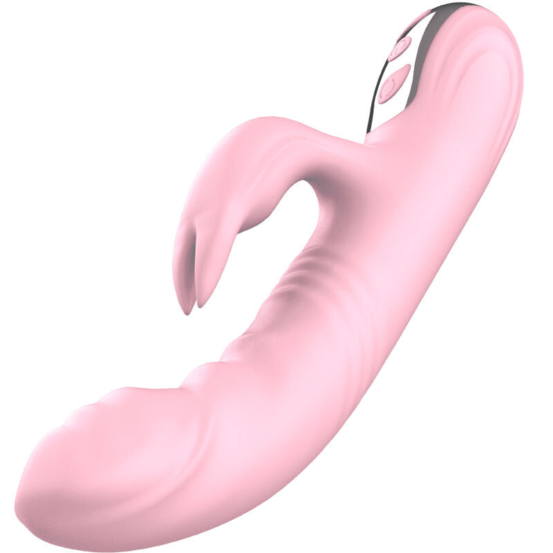 Close-up do Armony Vibrador de Coelho Fully Finger Rosa, mostrando seu design ergonómico, textura de silicone macio e estimulador clitoriano.