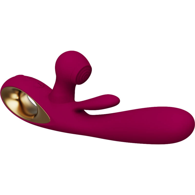 Close-up do ARMONY Vibrador de Impacto Swing com Estimulador Duplo e Língua Móvel, em cor bordeaux, mostrando detalhes do seu design ergonómico e textura.