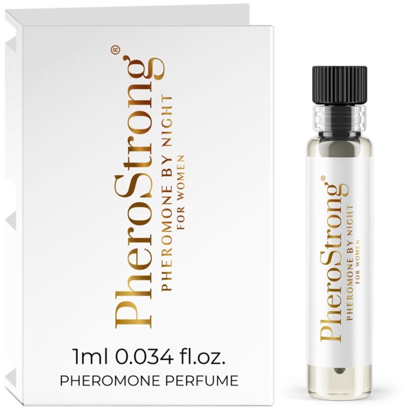 PHEROSTRONG Perfume de Feromônios Noite para Mulheres 1 ML, frasco elegante com detalhes da marca.
