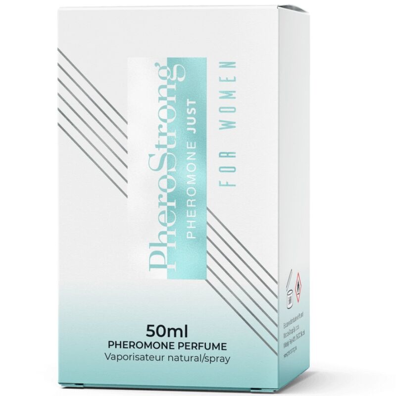 PHEROSTRONG Perfume de Feromônios para Mulheres 50 ML, frasco elegante com detalhes dourados.
