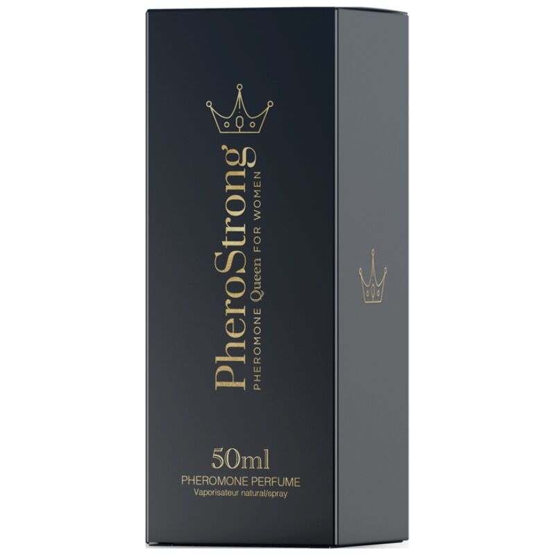 PHEROSTRONG Perfume de Feromonas Queen para Mulher 50 ML, embalagem e frasco do produto.