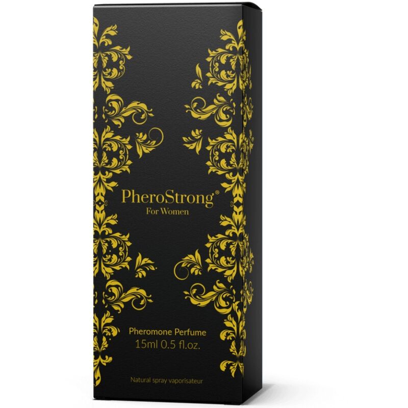 Frasco do PHEROSTRONG Perfume de Feromônios para Mulher 15 ML com detalhes da fragrância.