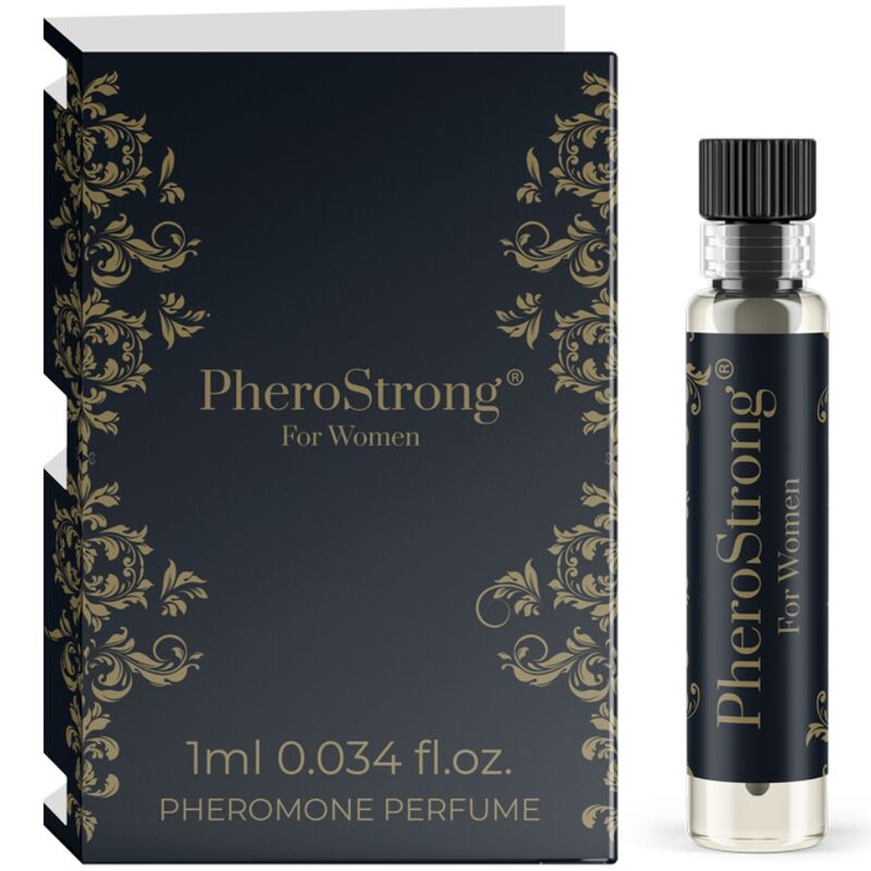 Frasco de PHEROSTRONG Perfume de Feromônios para Mulheres 1 ML com detalhes da fragrância.