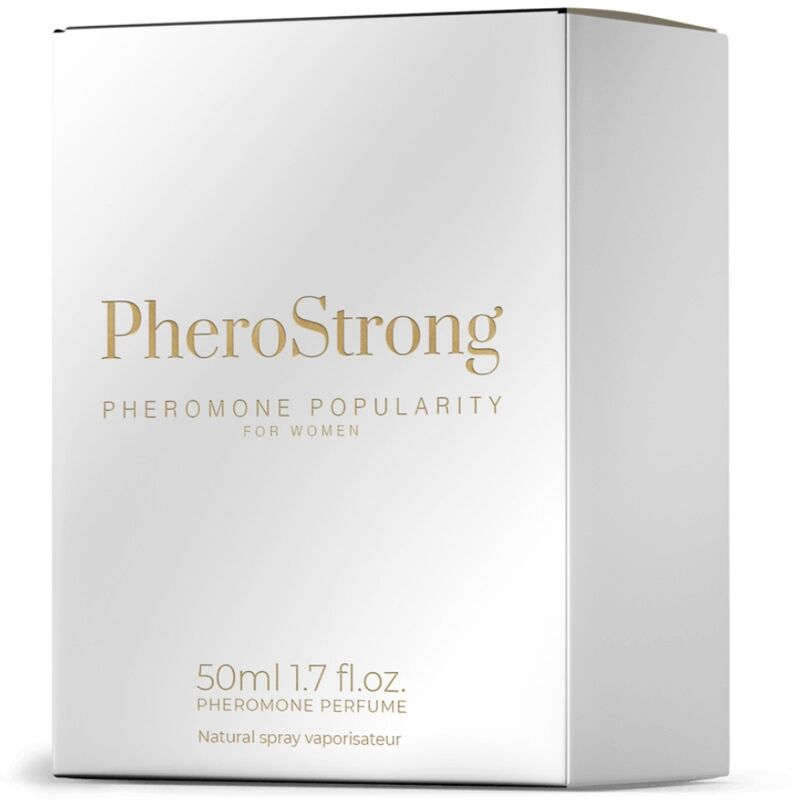 Frasco do perfume PHEROSTRONG Popularidade para Mulher 50ml, focado em detalhes da embalagem e do design.