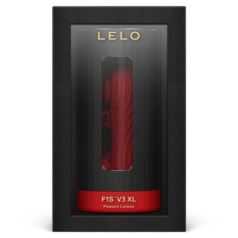 Close-up do masturbador masculino LELO F1S V3 XL, mostrando seu design ergonômico e silicone premium com detalhes vermelhos.