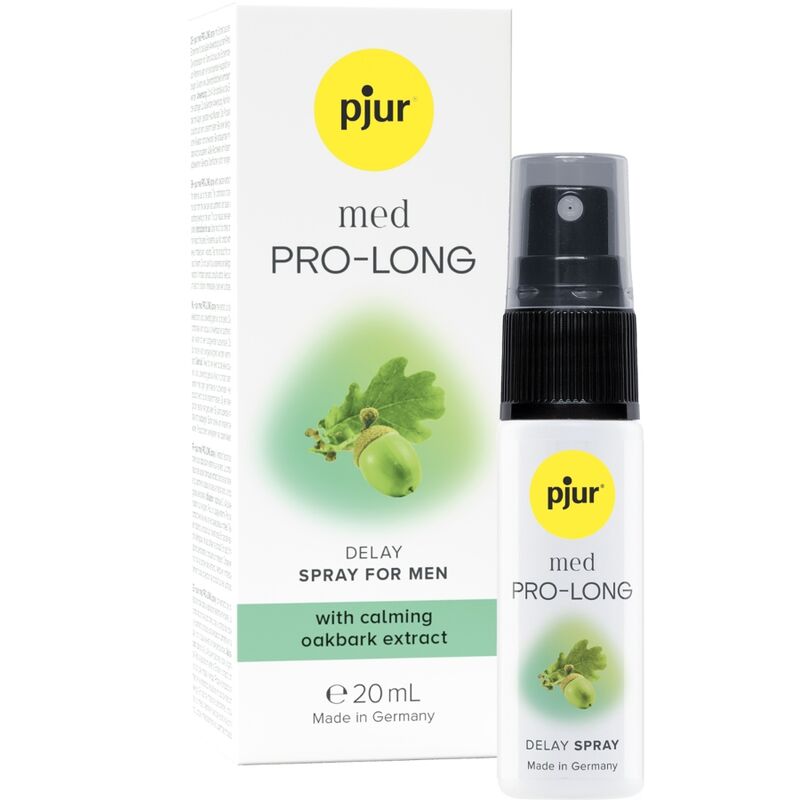 Embalagem do PJUR MED PRO-LONG Spray Retardante 20 ML com detalhes dos ingredientes e marca.