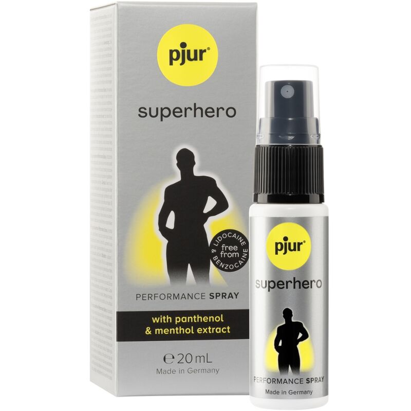 Close-up do PJUR Spray Retardante Superhero Performance 20 ML, mostrando a embalagem do produto.