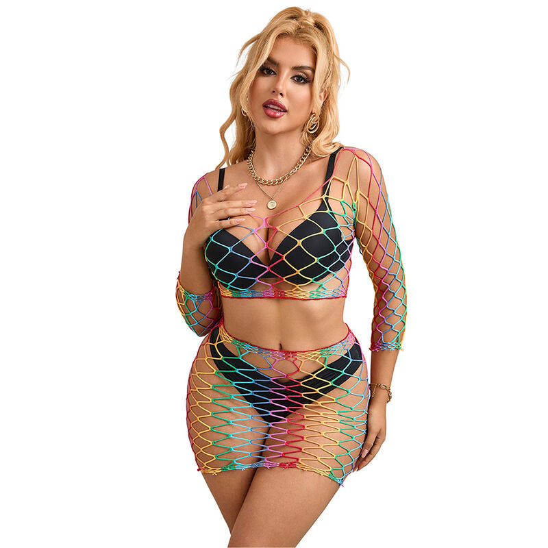 Conjunto Lingerie 2 Peças Subblime | Fishnet Arco-Íris de Manga Comprida - Tamanho Único