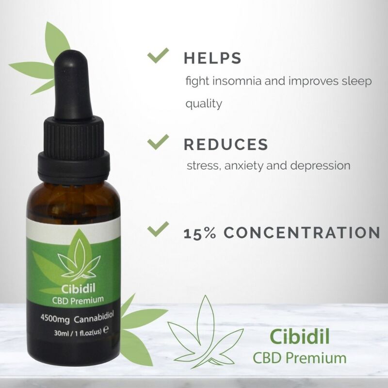 Frasco de Óleo Relaxante CBD 15% 500 COSMETICS Cibidil para alívio do stress e bem-estar.