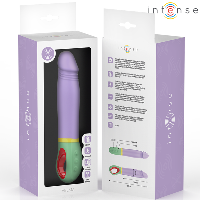 Vibrador Clássico Velma Intenso em silicone roxo, detalhe do formato ergonómico e botão de controlo.