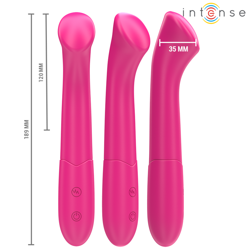Vibrador INTENSE PATY 19cm flexível rosa, feito de silicone médico com 10 modos de vibração.
