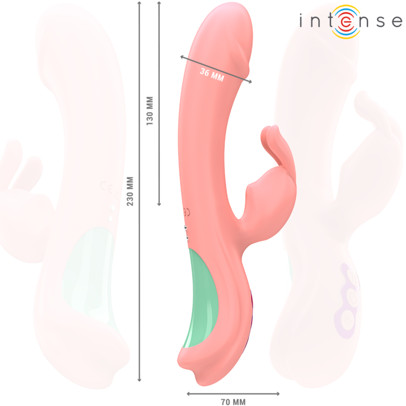 Vibrador Rabbit Intense Rachel rosa com ponta oscilante e 5 vibrações, para estimulação do ponto G e prazer duplo.