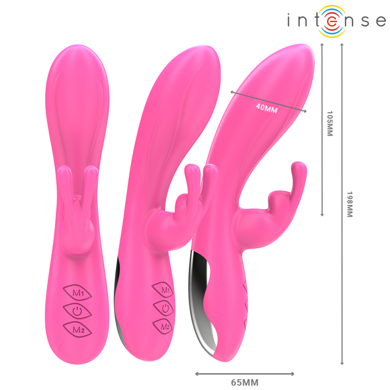 Close-up do INTENSE Randall Rabbit Vibrador Rosa, mostrando o design ergonómico para estimulação dupla.