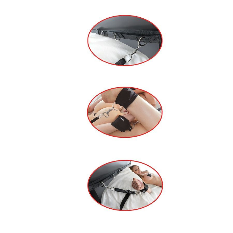 Sistema de Retenção de Cama Ultimate FETISH FANTASY SERIES para BDSM, mostrando as tiras e algemas.