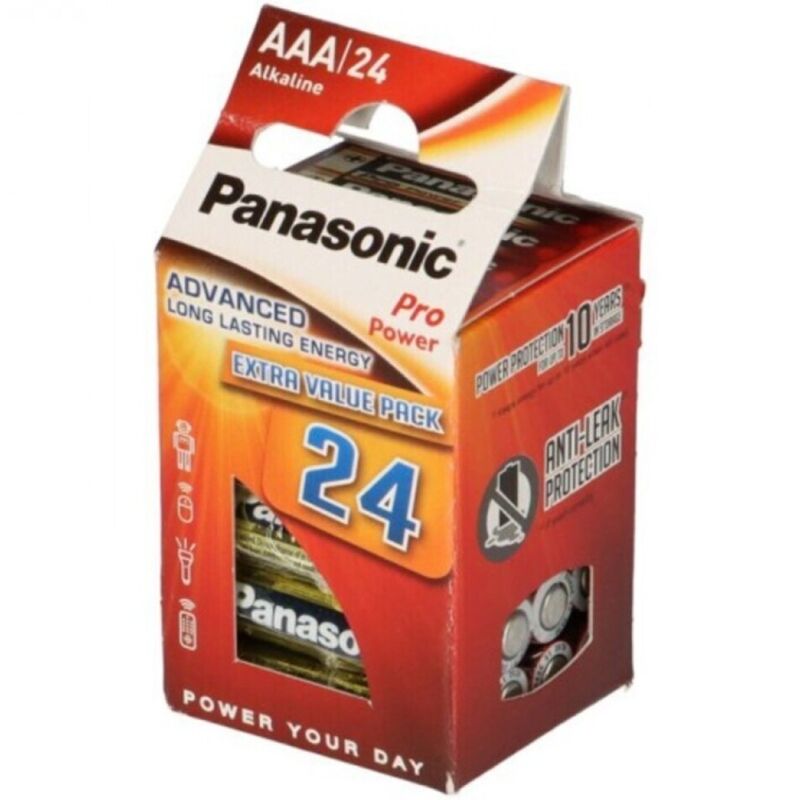 Pacote de 24 Pilhas AAA Alcalinas Panasonic PRO POWER LR03 para dispositivos eletrónicos.