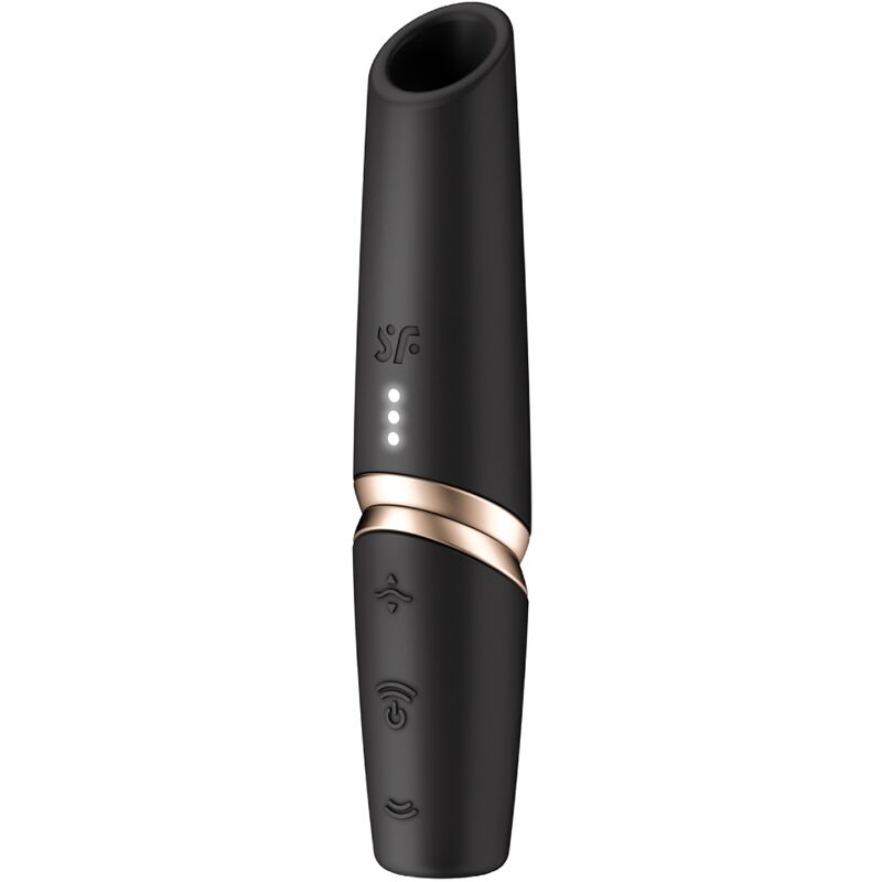 Satisfyer Estimulador Clitoriano Perfect Kiss Wave nas cores preto e dourado, destacando seu design ergonômico e bico de sucção.