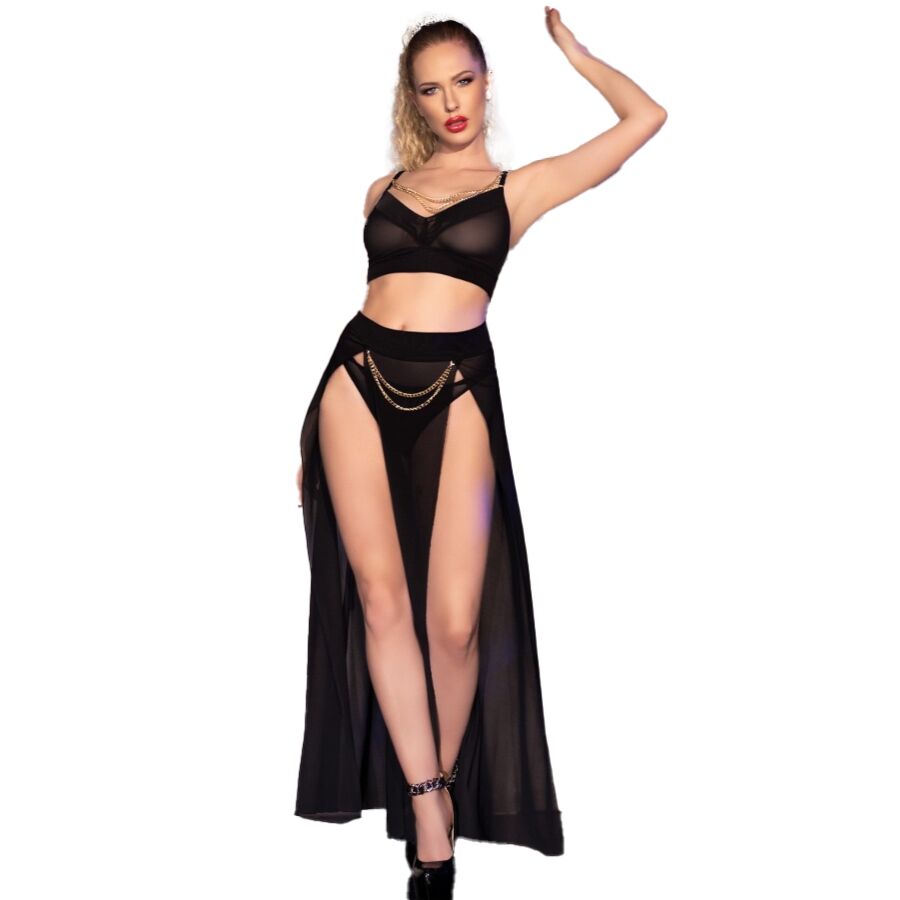 Chilirose – Conjunto Saia, Top e Tanga Preta com Correntes Douradas CR 4672