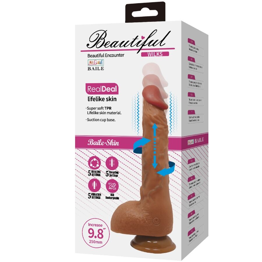 Vibrador Realístico BAILE Beautiful Wilks 25cm em tom mulato, com veias e testículos detalhados.