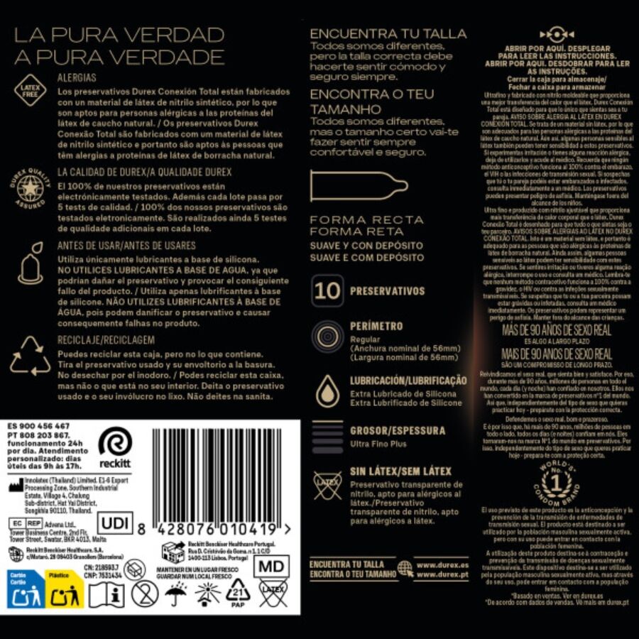 DUREX Preservativos Ultrafinos Total Connection Sem Látex 10 Unidades para máxima sensibilidade e segurança.