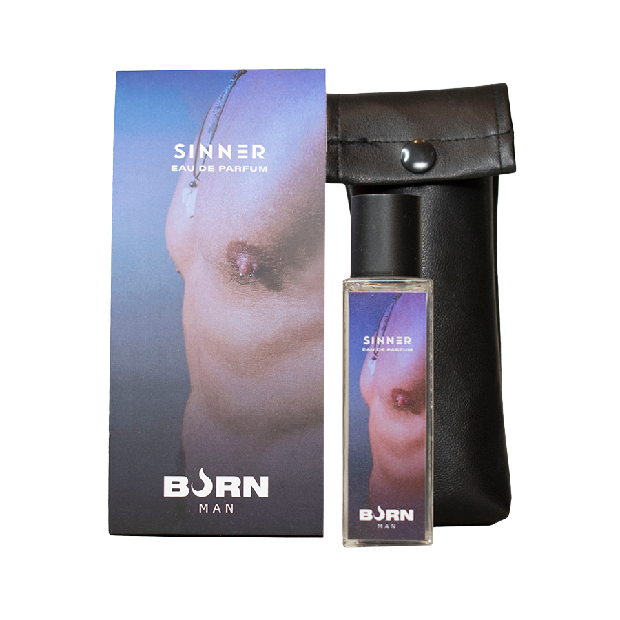 Frasco do BURN Perfume Masculino Sinner 20 ML com design elegante e compacto.
