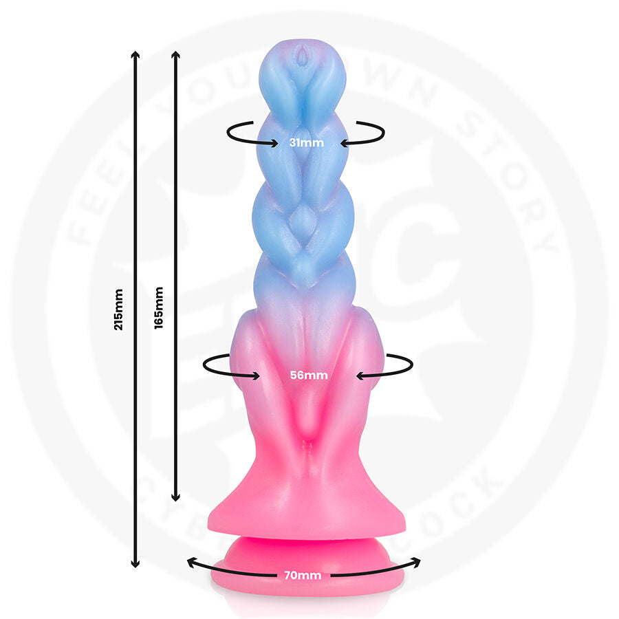 Close-up do Dildo Rheona Dawn da EPIC CYBERSILICOCK, destacando sua forma ergonômica e textura de silicone realista.