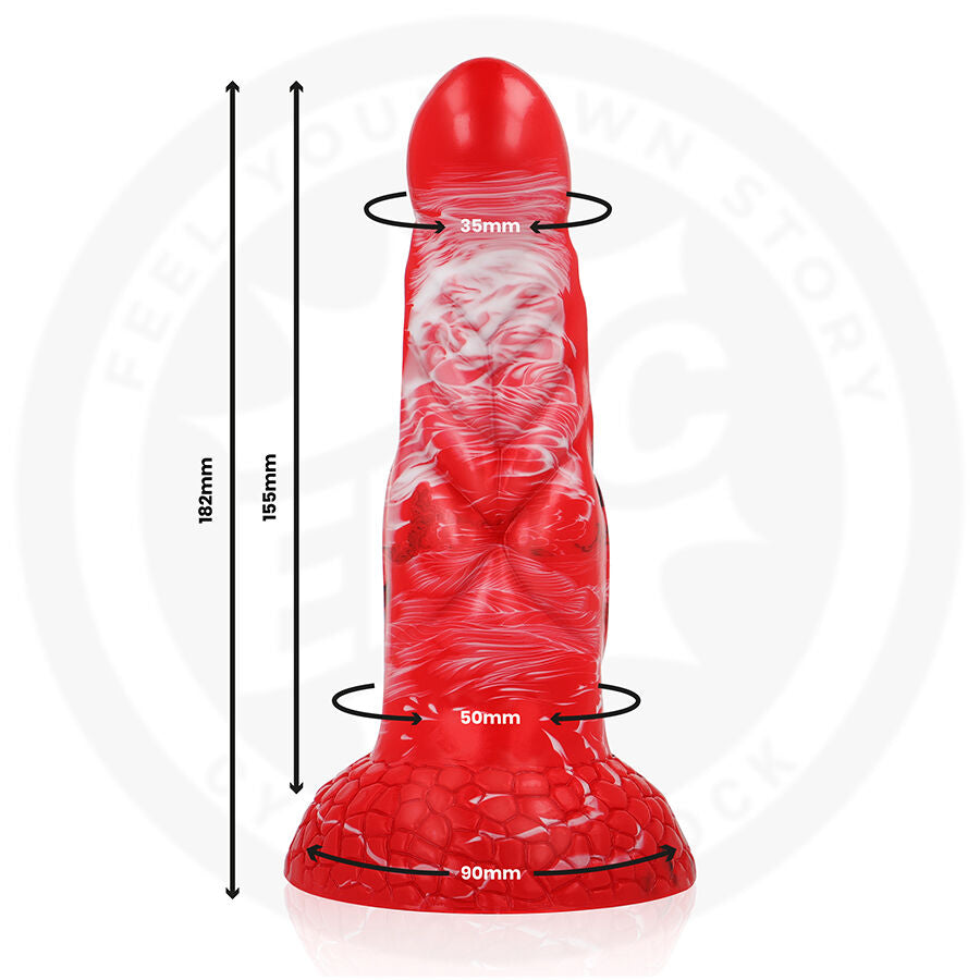 Close-up of the EPIC CYBERSILICOCK Dildo Agnis Crimson Fire, highlighting its ergonomic design and vibrant color.