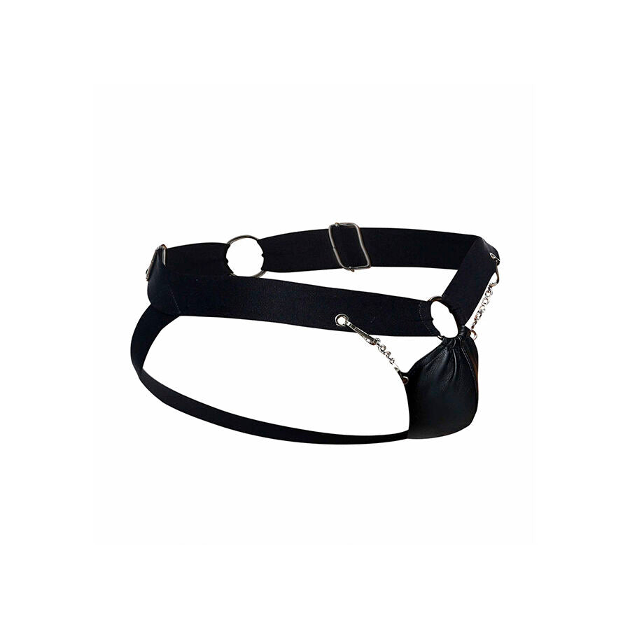 Jockstrap Chainlink MOB em couro sintético preto, mostrando detalhes da corrente e design.