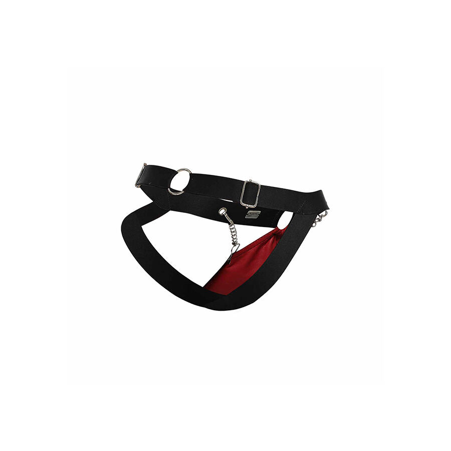 Detalhe do Jockstrap MOB DNGEON Vermelho com Correntes e suporte atlético