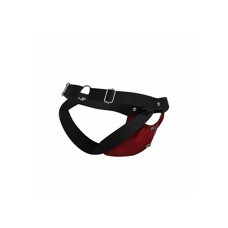 MOB Jockstrap Athlete Vermelho, vista frontal e traseira da peça de lingerie masculina com detalhes metálicos.