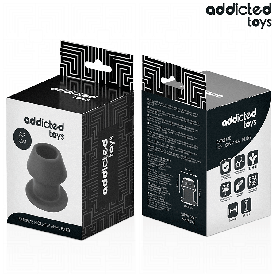 Plug anal extremo oco ADDICTED TOYS de silicone, mostrando seu design e dimensões para uma experiência anal intensa.