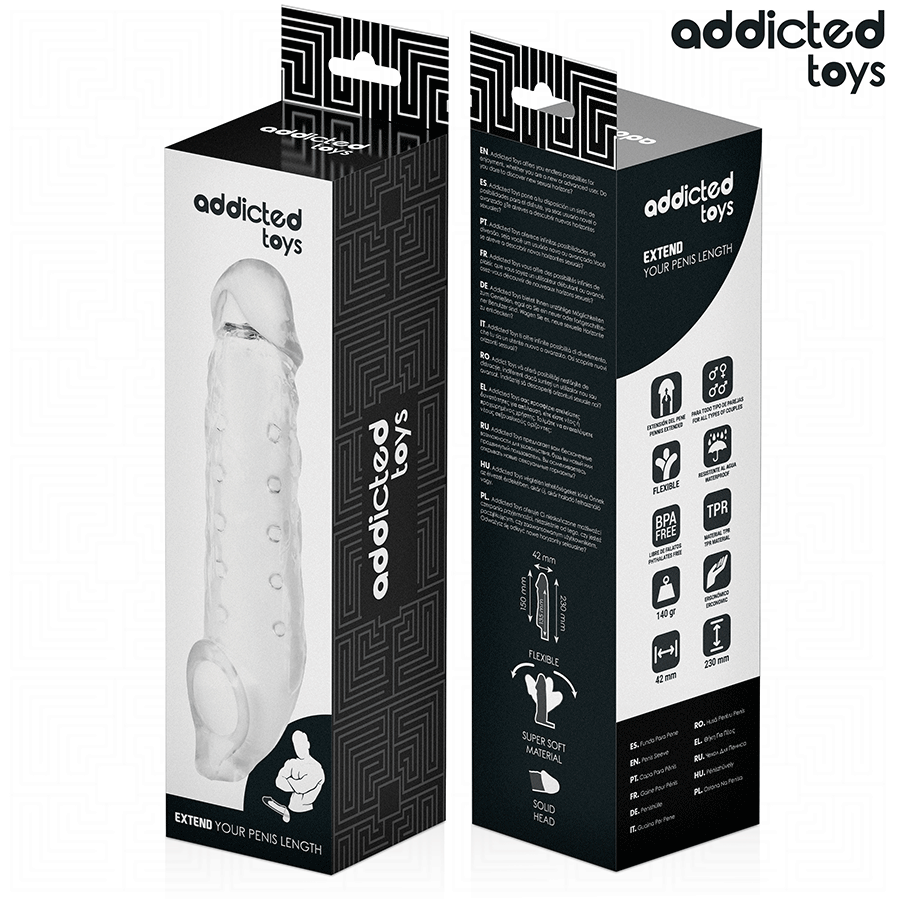 Close-up of the ADDICTED TOYS Transparent Penis Sleeve 27cm Size M, showing its material and design.