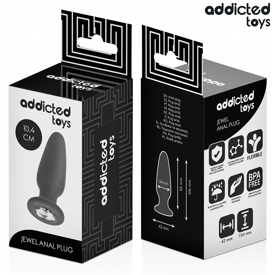 Close-up do Addicted Toys Plug Anal com Joia Tamanho M, destacando seu design ergonómico e base decorativa.
