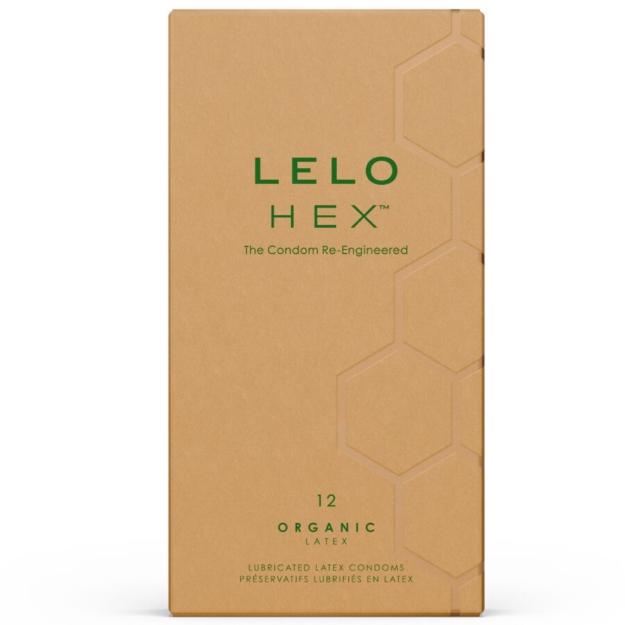 Caixa de LELO Preservativos Orgânicos HEX L-Arginina 12 Unidades, destacando a embalagem e o design.