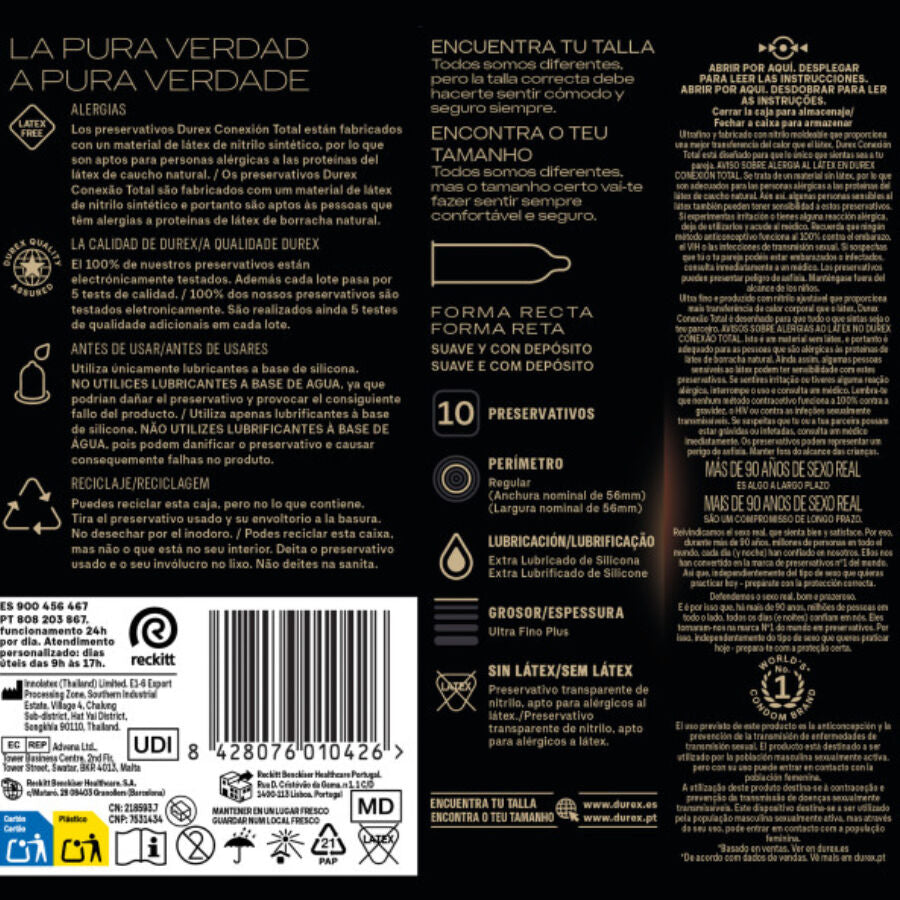 Embalagem dos preservativos DUREX Total Connection XL Ultra Fino Plus Sem Látex 10 Unidades, destacando o design e as características.