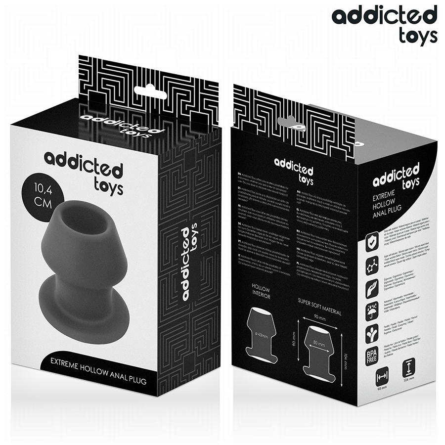 Plug Anal Extremo Oco Addicted Toys de silicone, detalhe do design e dimensões.