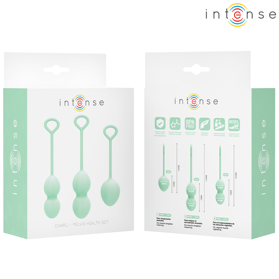 Close-up do Kit Intense Charli Bolas de Kegel Verde Claro 3 Peças para fortalecimento pélvico.