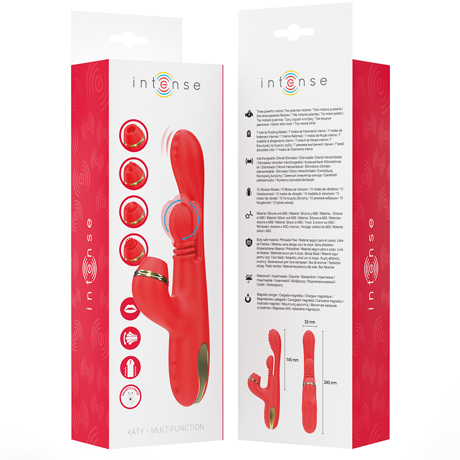 INTENSE Vibrador Multifuncional Katy Vermelho com 4 cabeças intercambiáveis, detalhe das texturas e funcionalidades.