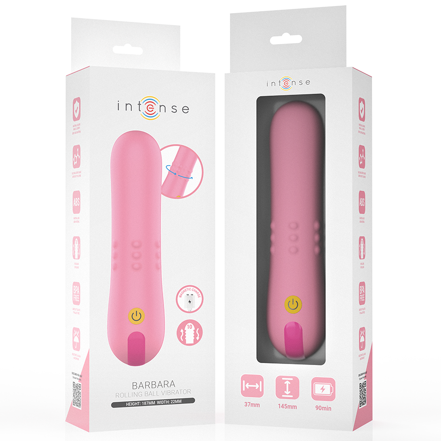 Vibrador INTENSE Barbara com pérolas rotativas e vibração dupla, mostrando seu design ergonómico de silicone macio.