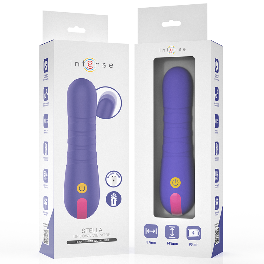 Imagem do vibrador INTENSE Stella com impulso vertical, mostrando o design ergonômico e material de silicone.