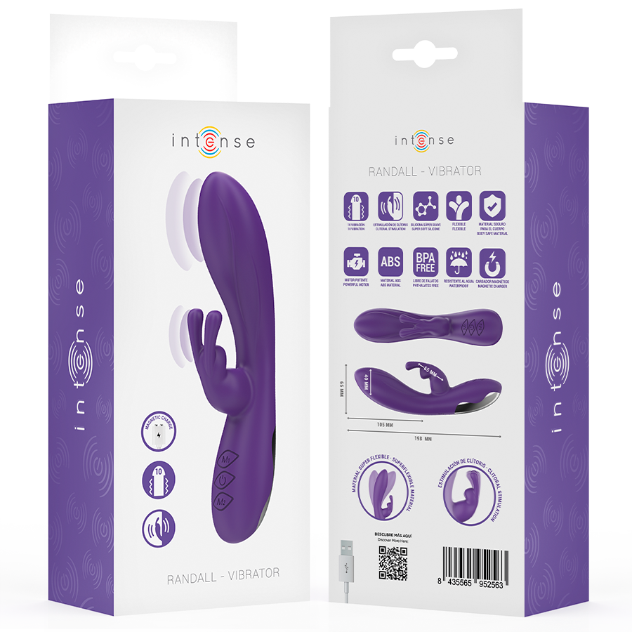 Close-up do Vibrador Rabbit INTENSE Randall Roxo, mostrando seu design ergonómico e estimulador clitoriano.