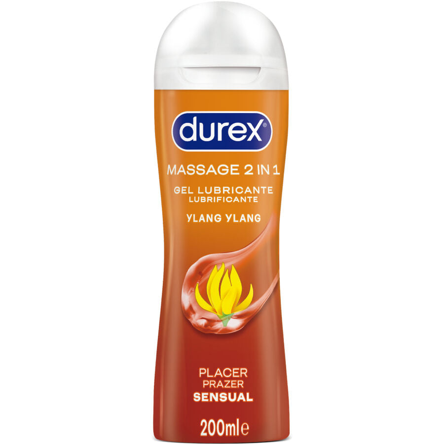 DUREX Gel Lubrificante e Massagem Sensual Ylang Ylang 200ml, exibindo a embalagem e a textura do gel.