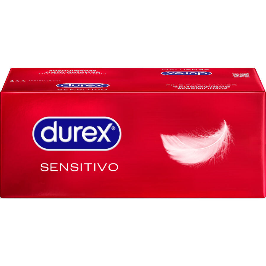 Close-up of the DUREX Preservativos Sensitive Soft Finos 144 Unidades showing its packaging and features.