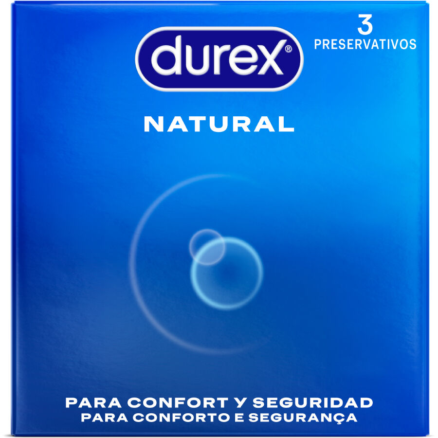 Preservativos DUREX Naturais Comfort Easy-On 3 Unidades, mostrando a embalagem e o produto.