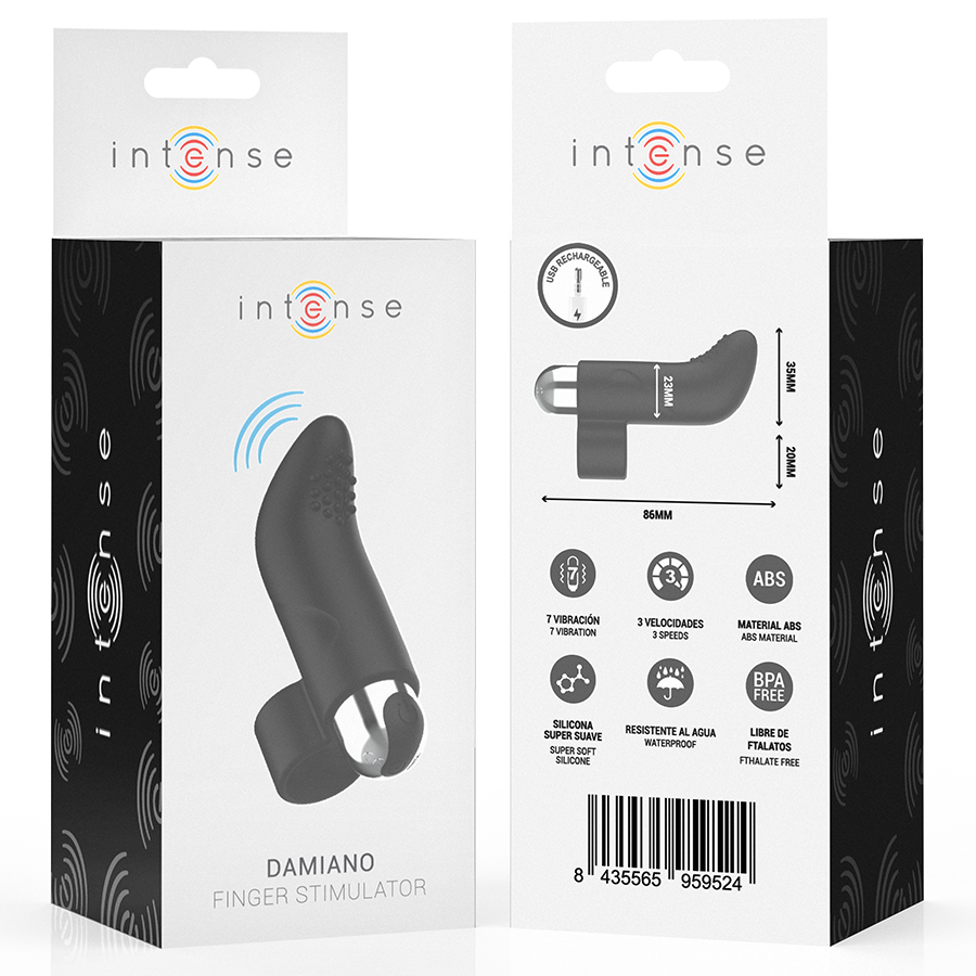 Close-up of the INTENSE Damiano Finger Stimulator showing its ergonomic design and silicone texture.