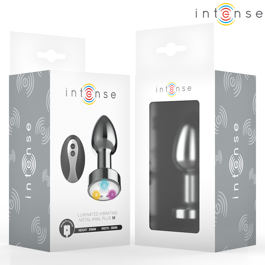 INTENSE Plug Anal Vibrante de Metal com LED e Controle Remoto - M, destacando seu design elegante e luzes coloridas.
