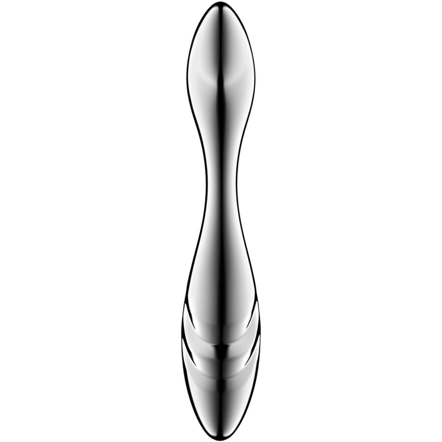 Satisfyer Pure Gravity 3 Dildo de Aço Inoxidável com dupla extremidade e design curvo para estimulação G-spot.