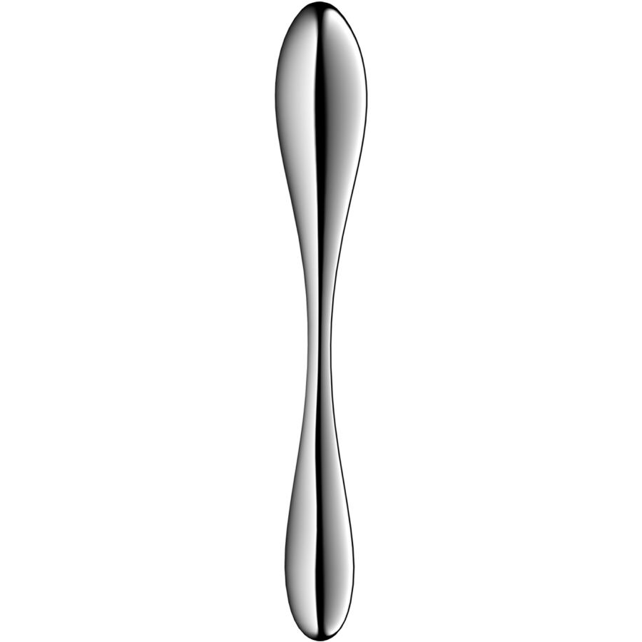 Close-up do Dildo Satisfyer Star Force 3 em aço inoxidável com duas extremidades para sensações térmicas.